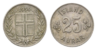 Исландия 25 эйре 1954 KM 11 медно-никель 4696-325