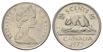 Канада 5 центов 1975 Елизавета II (1952-2022), бобр KM 60.1 никель 4689-412