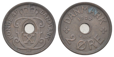 Дания 2 эре 1927 NCH, Кристиан X (1912-1947) KM 827 бронза 4701-645