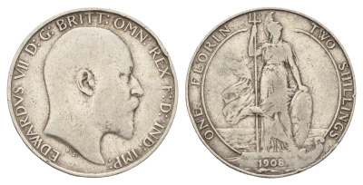 Великобритания 2 шиллинга (флорин) 1908 Эдуард VII (1901-1910) KM 801, Spink 3981 серебро 413-2743