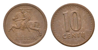 Литва 10 центов (сентов) 1991 год-тип KM 88 бронза 4689-1061