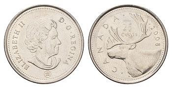 Канада 25 центов 2008 Leaf, Елизавета II (1952-2022), олень KM 493 сталь плакированная никелем 4688-542