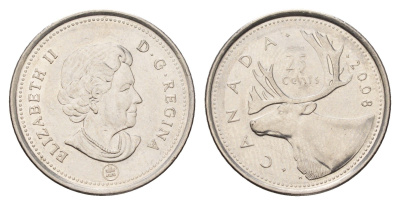 Канада 25 центов 2008 Leaf, Елизавета II (1952-2022), олень KM 493 сталь плакированная никелем 4688-542