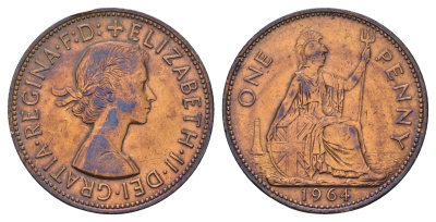 Великобритания 1 пенни 1964 Елизавета II (1952-2022) KM 897, Spink 4157 бронза 3855-526