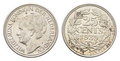 Нидерланды 25 центов 1939 Вильгельмина (1890-1948) KM 164 серебро aUNC 44-1152