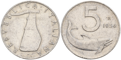 Италия 5 лир 1954 R, дельфин KM 92 алюминий    4598-1252