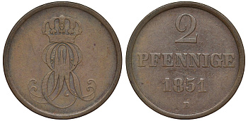 Ганновер 2 пфеннига 1851 B, Эрнст Август (1837-1851) KM 202.1, AKS 124, J. 75 медь 4681-744