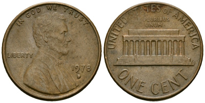 США 1 цент 1978 D, Линкольн KM 201 медь цинк 4136-155