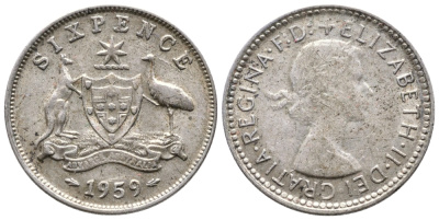 АВСТРАЛИЯ 6 ПЕНСОВ 1959 KM 58 серебро 177-1247