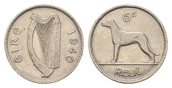 Ирландия 6 пенсов 1940 собака, ирландский волкодав KM 13 никель 4649-624