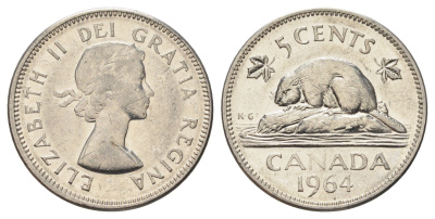 Канада 5 центов 1964 Елизавета II (1952-2022), бобр KM 57 никель 4689-338