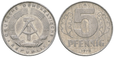 ГДР 5 пфеннигов 1975 A KM 9.1 алюминий 4625-1111