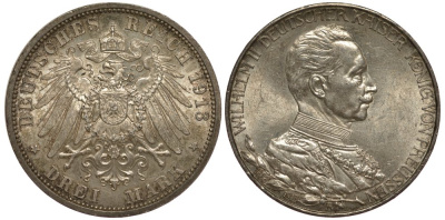 ПРУССИЯ 3 МАРКИ 1913 ВИЛЬГЕЛЬМ II В МУНДИРЕ KM 535, J.112 серебро 413-5113