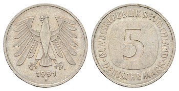 ФРГ 5 марок 1991 F KM 140.1, J.415 медно-никель 4531-613