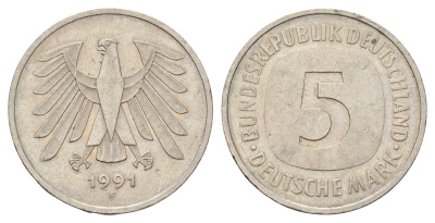 ФРГ 5 марок 1991 F KM 140.1, J.415 медно-никель 4531-613