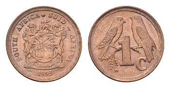 ЮАР 1 цент 1993 герб, капские воробьи KM 132 сталь плакированная медью UNC 4682-1041