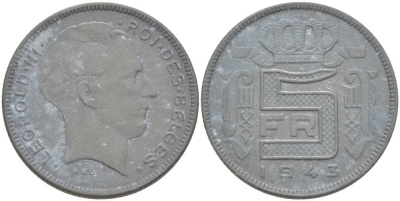 БЕЛЬГИЯ 5 ФРАНКОВ 1943 BELGES, ЛЕОПОЛЬД III (1934-1950) ГЕРМАНСКАЯ ОККУПАЦИЯ, ВТОРАЯ МИРОВАЯ ВОЙНА KM 129.1 цинк 202-1143