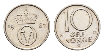 Норвегия 10 эре 1987 Улаф V (1957-1991) KM 416 медно-никель UNC 4684-1228