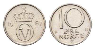 Норвегия 10 эре 1987 Улаф V (1957-1991) KM 416 медно-никель UNC 4684-1228