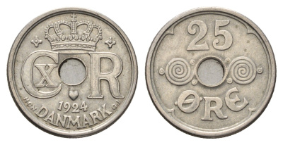 Дания 25 эре 1924 NCN; GJ Кристиан X (1912-1947) KM 823 медно-никель 4391-223