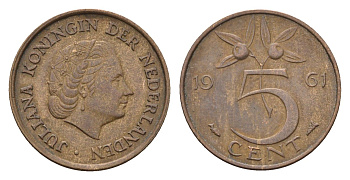 Нидерланды 5 центов 1961 Юлиана (1948-1980) KM 181 бронза 4685-119