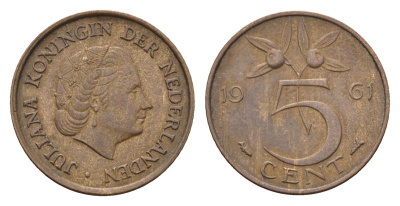 Нидерланды 5 центов 1961 Юлиана (1948-1980) KM 181 бронза 4685-119