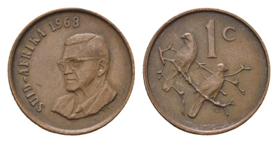 ЮАР 1 цент 1968 Окончание президентства Чарльза Сварта, Suid Africa, легенда на английском KM 74.2 бронза 4690-1043