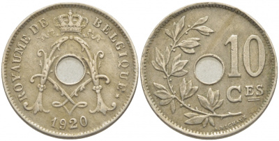 БЕЛЬГИЯ 10 САНТИМОВ 1920 BELGIQUE KM 85.1 медно-никель 3856-436