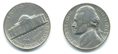 США 5 ЦЕНТОВ 1960 ДЖЕФФЕРСОН KM А192 медно-никель 86-543