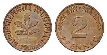 ФРГ 2 пфеннига 1966 F KM 106, J. 381 бронза 3450-114