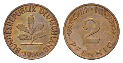 ФРГ 2 пфеннига 1966 F KM 106, J. 381 бронза 3450-114