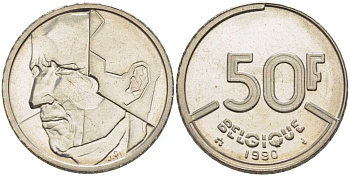 БЕЛЬГИЯ 50 ФРАНКОВ 1990 BELGIQUE, БОДУЭН I (1951-1993) KM 168 никель 4401-441