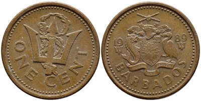 Барбадос 1 цент 1989 сломанный трезубец Британии KM 10 бронза 4396-1265