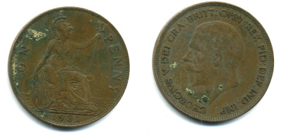 Великобритания 1 пенни 1931 Георг V (1910-1936) КМ 838, Spink 4055 бронза 41-1125