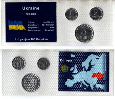 Украина набор из 3 монет (1, 2 и 5 копеек) 2008, 2009 и 2010 в красочной упаковке с информацией о стране KM 4b, 6b и 7b нержавеющая сталь UNC 5-4-1-110