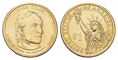 США 1 доллар 2009 P, Президент США - Джон Тайлер (1841-1845) KM 451 медь с марганцево-латунным покрытием UNC 4624-427