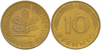 ФРГ 10 ПФЕННИГОВ 1982 J KM 108, J.383 сталь плакированная латунью 3996-644