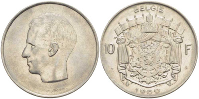 БЕЛЬГИЯ 10 ФРАНКОВ 1969 BELGIE, БОДУЭН I (1951-1993) KM 156.1 никель 213-437