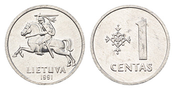 Литва 1 цент (сент) 1991 год-тип KM 85 алюминий UNC 4689-1022