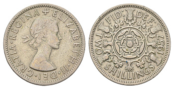Великобритания 2 шиллинга (флорин) 1957 Елизавета II (1952-2022) KM 906, Spink 4146 медно-никель 4183-423