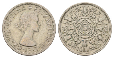 Великобритания 2 шиллинга (флорин) 1957 Елизавета II (1952-2022) KM 906, Spink 4146 медно-никель 4183-423