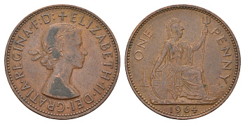 Великобритания 1 пенни 1964 Елизавета II (1952-2022) KM 897, Spink 4157 бронза 3855-344