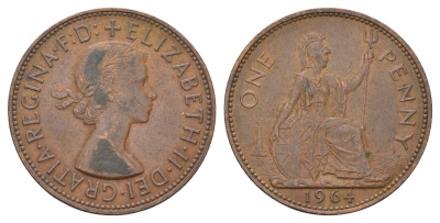 Великобритания 1 пенни 1964 Елизавета II (1952-2022) KM 897, Spink 4157 бронза 3855-344