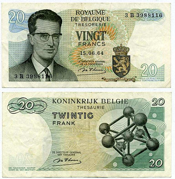 Бельгия 20 франков 1964 Бодуэн I, атомиум, d Haeze Pick 138 (1) бумага 6262-51-2-1