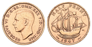 Великобритания 1/2 пенни 1947 Георг VI (1936-1952) KM 844, Spink 4115 бронза 4629-244