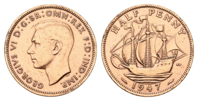 Великобритания 1/2 пенни 1947 Георг VI (1936-1952) KM 844, Spink 4115 бронза 4629-244