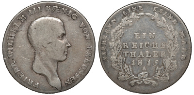 Пруссия 1 талер 1815 Фридрих Вильгельм III (1797-1840) KM 387, AKS 11, Dav. 756, Kahnt 362, Thun 244 серебро 00-00