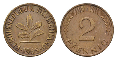 ФРГ 2 пфеннига 1965 F KM 106, J. 381 бронза 214-318