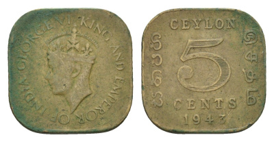 Цейлон 5 центов 1942 Георг VI (1936-1952) KM 113.1 никель латунь 4685-912