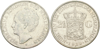 Нидерланды 2 1/2 гульдена 1929 Вильгельмина I (1890-1948), редкий год KM 165 серебро 1067-3-23